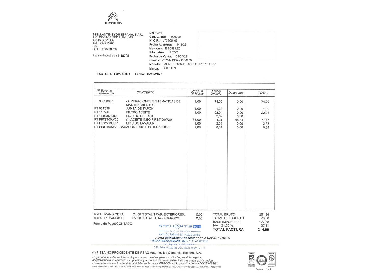 Foto del mantenimiento del Citroën Grand C4 Spacetourer Citroën Grand C4 Spacetourer PureTech 130 S&S Shine Pack (130 CV) 7 Plazas