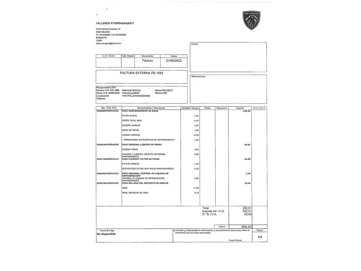 Foto del mantenimiento del Peugeot 308 Peugeot 308 SW 2.0 BlueHDI GT Line (150 CV)
