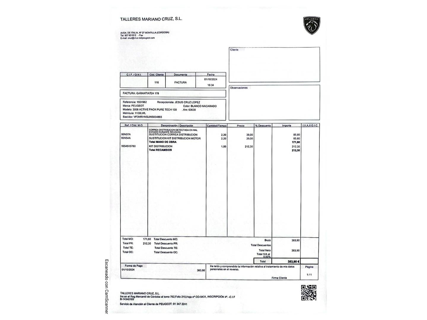 Foto del mantenimiento del Peugeot 3008 Peugeot 3008 PureTech 130 S&S Active Pack EAT8 (130 CV)