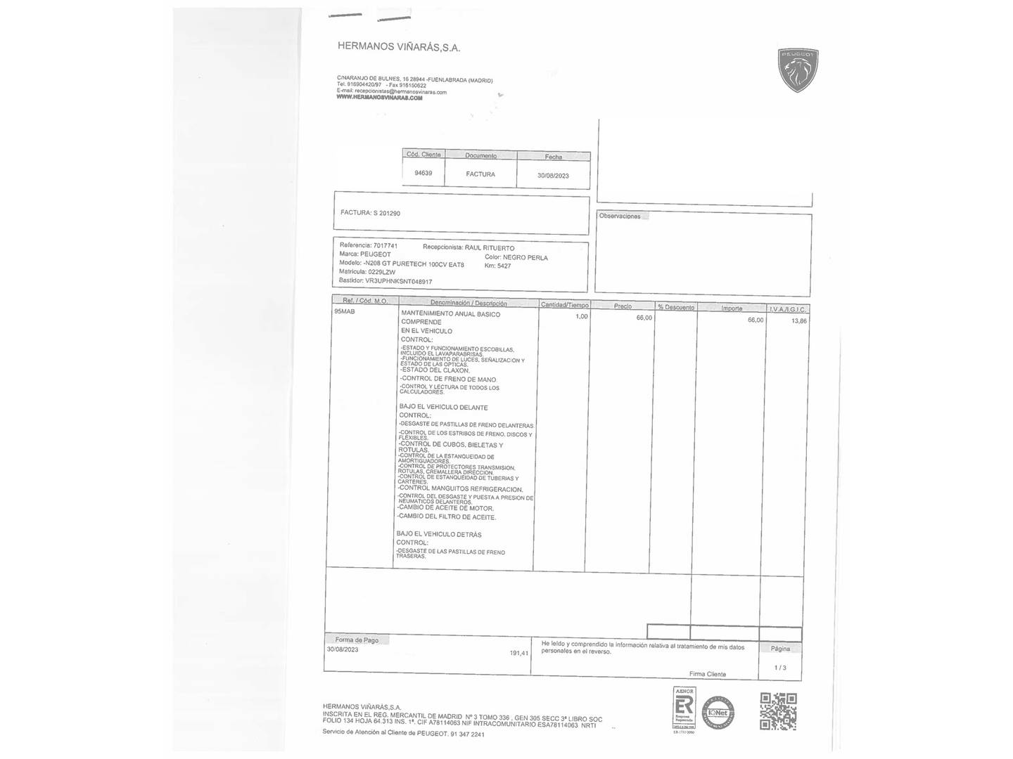 Foto del mantenimiento del Peugeot 208 Peugeot 208 PureTech 100 GT EAT8 (100 CV)