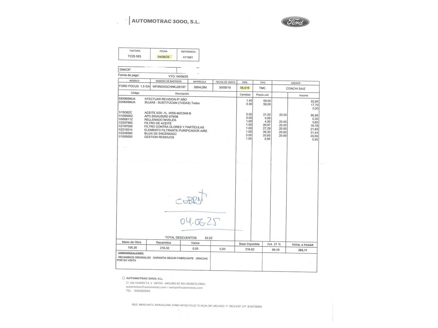 Foto del mantenimiento del Ford Focus Ford Focus 1.5 Ecoboost ST-Line Auto (150 CV)