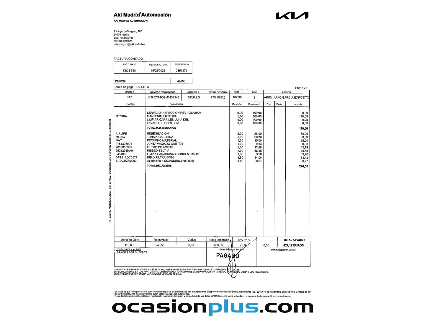 Foto del mantenimiento del KIA Niro KIA Niro 1.6 GDi HEV Híbrido Drive (141 CV)