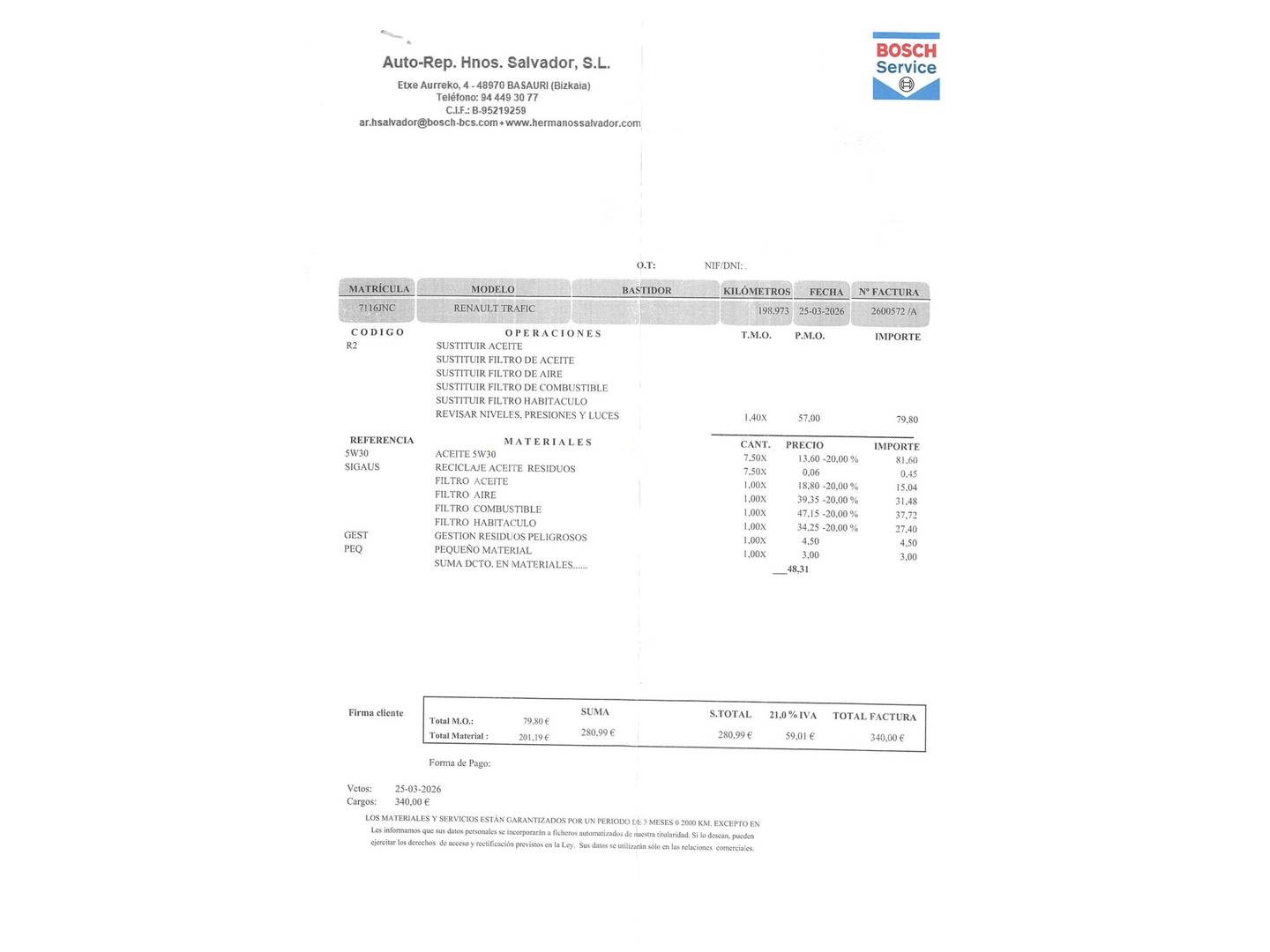 Foto del mantenimiento del Renault Trafic Renault Trafic Passenger Energy dCi (125 CV) Camperizada 4 Plazas