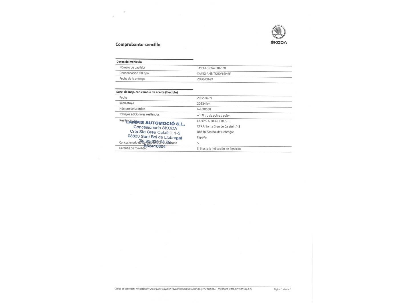 Foto del mantenimiento del Skoda Kamiq Skoda Kamiq 1.5 TSI Sport (150 CV)