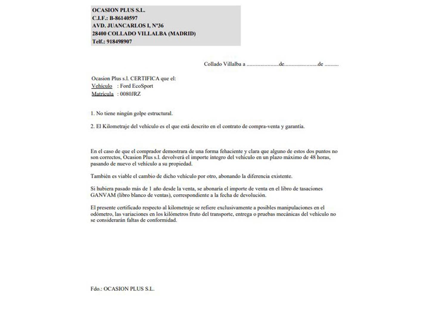 Foto del certificado del Ford EcoSport Ford EcoSport 1.0 EcoBoost S&S Trend (125 CV)