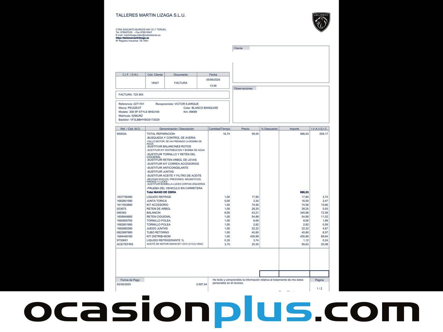 Foto del mantenimiento del Peugeot 308 Peugeot 308 BlueHDi 100 Style (100 CV)