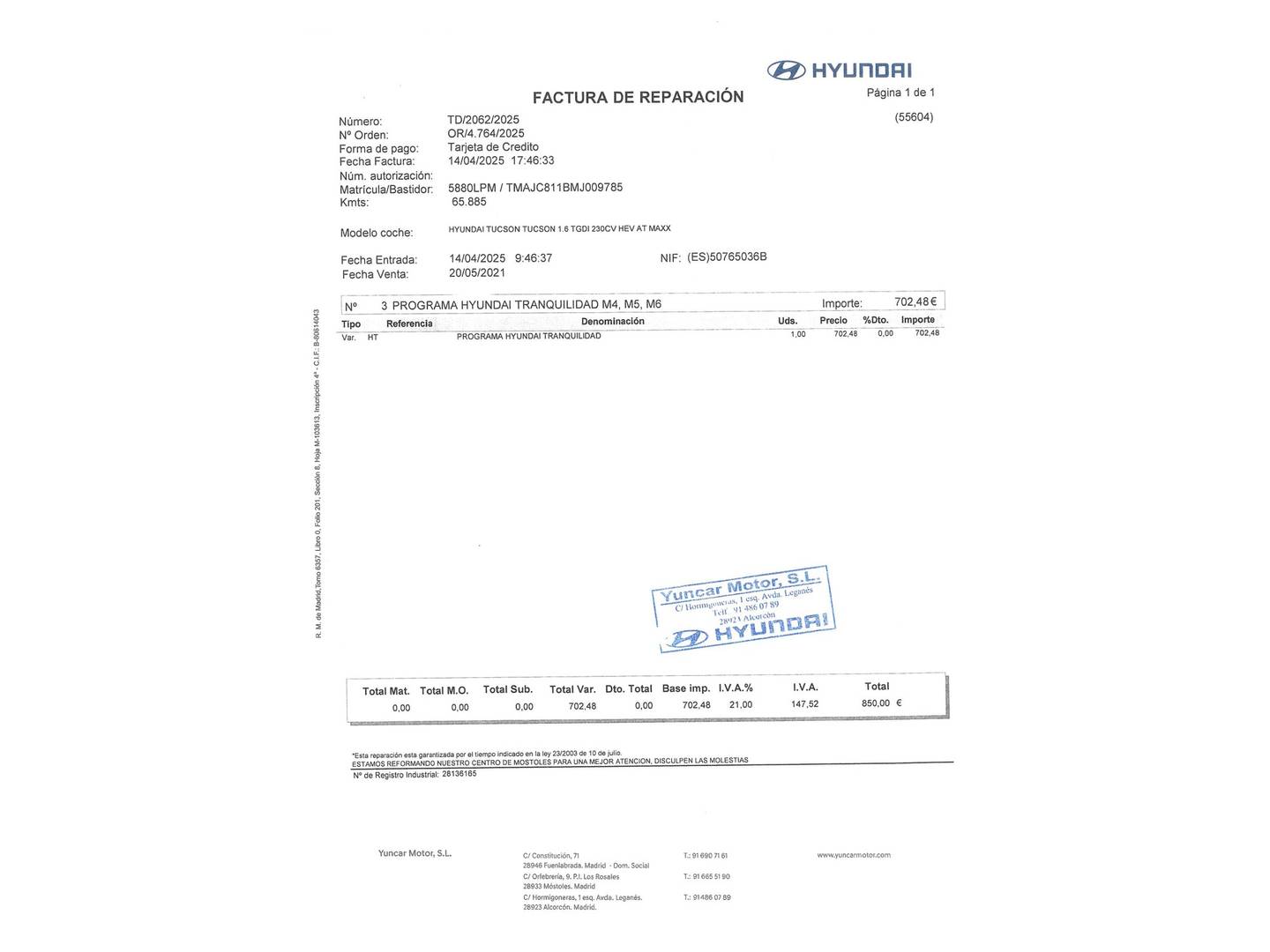 Foto del mantenimiento del Hyundai Tucson Hyundai Tucson 1.6 TGDI HEV Maxx Auto (230 CV)