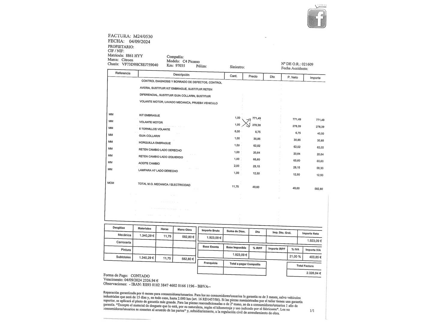 Foto del mantenimiento del Citroën C4 Picasso Citroën C4 Picasso 1.6 e-HDI Intensive (115 CV)