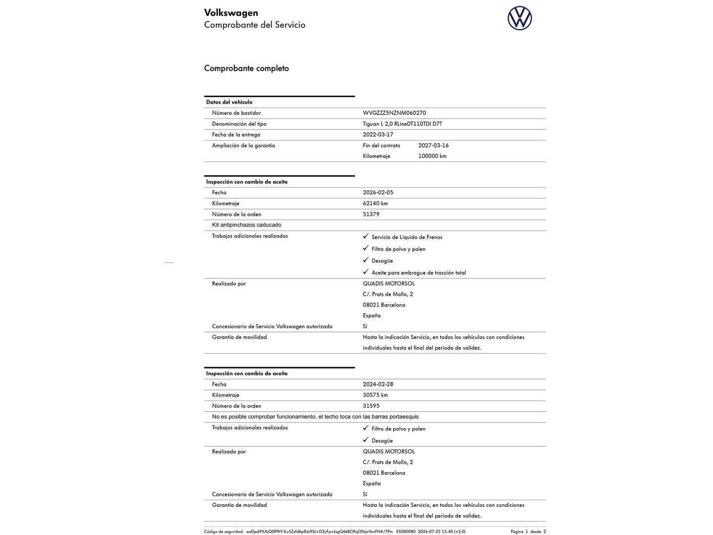 Foto del mantenimiento del Volkswagen Tiguan Allspace Volkswagen Tiguan Allspace R-Line 2.0 TDI 4Motion (150 CV) DSG 7 Plazas