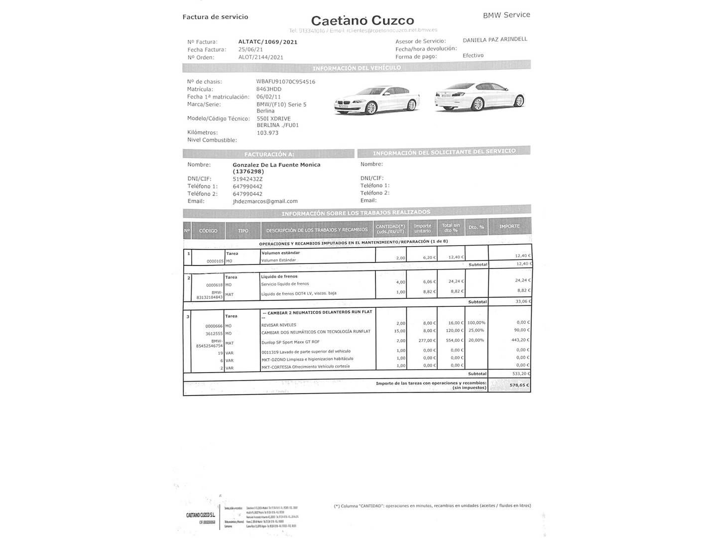 Foto del mantenimiento del BMW Serie 5 BMW Serie 5 550i xDrive (407 CV)