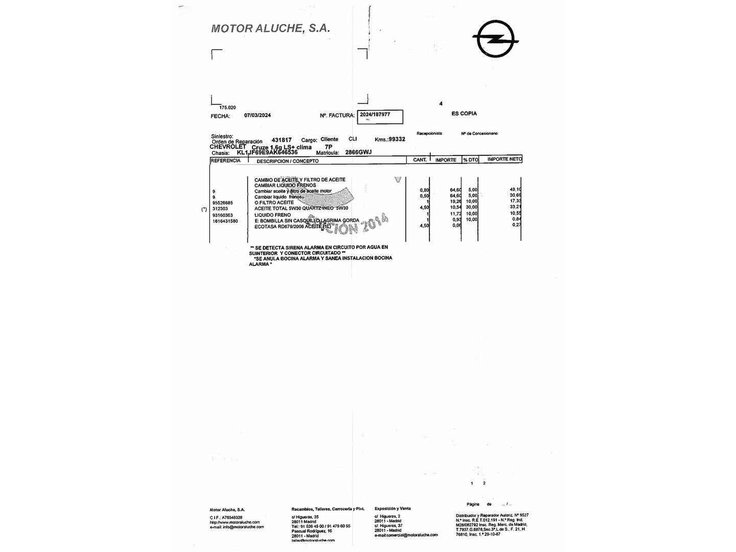 Foto del mantenimiento del Chevrolet Cruze Chevrolet Cruze 1.6 16V LS+ AA (113 CV)