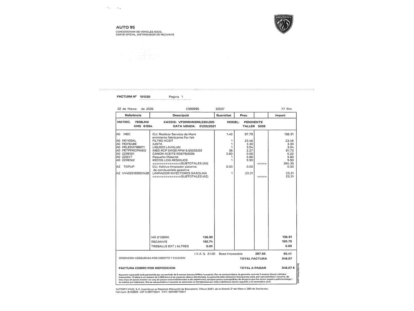Foto del mantenimiento del Peugeot 5008 Peugeot 5008 PureTech 130 S&S Allure Pack (130 CV) 7 Plazas