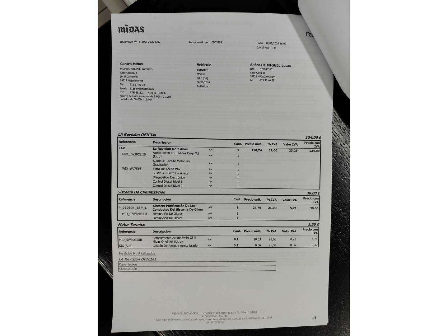 Foto del mantenimiento del Mazda CX-3 Mazda CX-3 1.8 D Zenith 2WD (115 CV)
