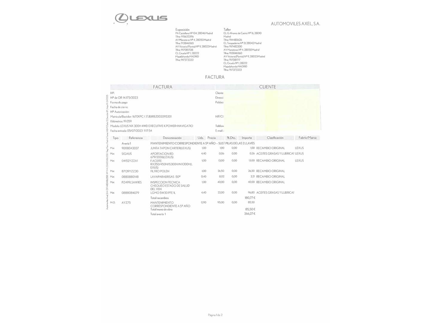 Foto del mantenimiento del Lexus NX Lexus NX NX 300h Luxury 4WD (197 CV)