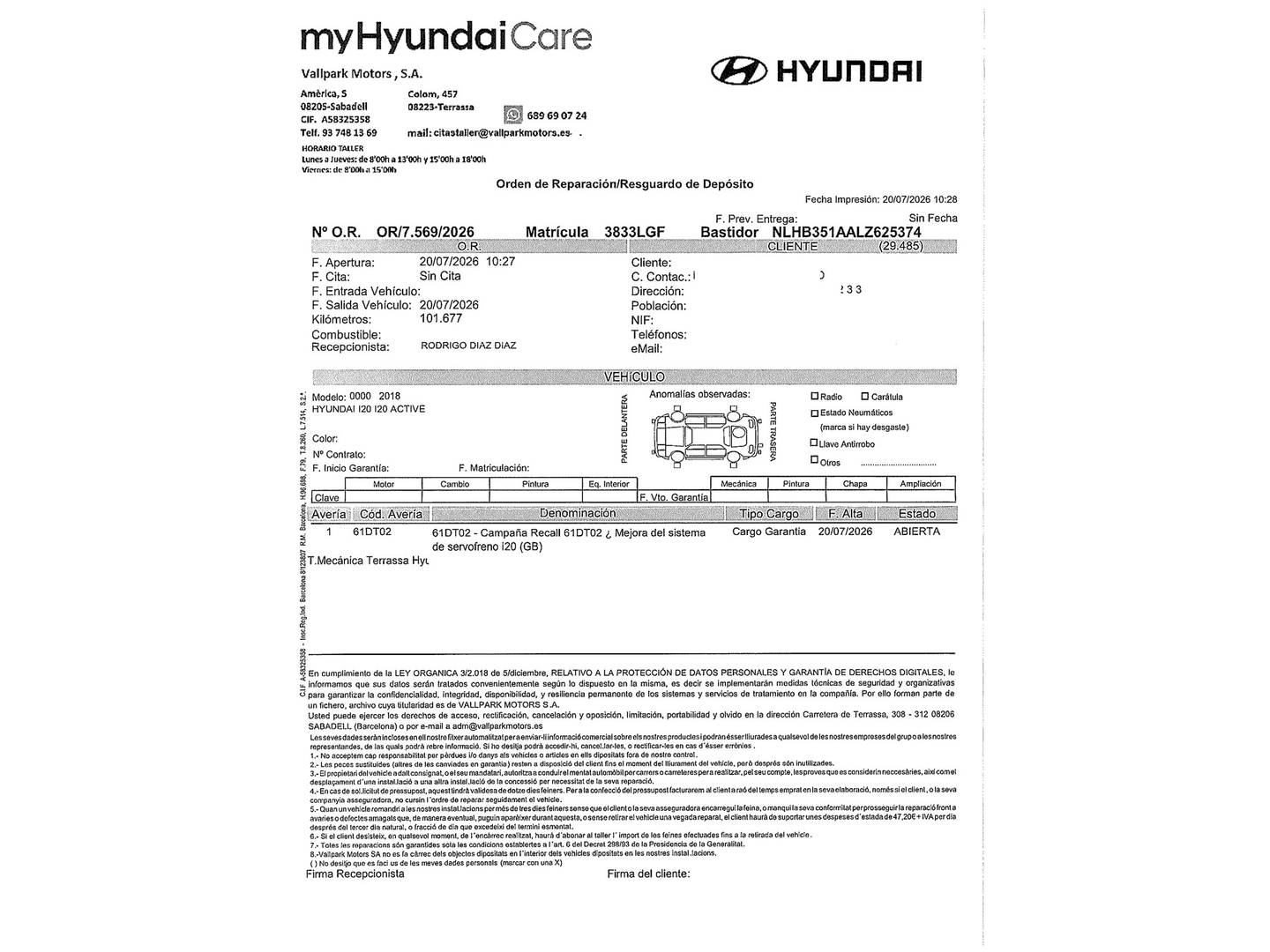 Foto del mantenimiento del Hyundai i20 Hyundai i20 1.0 TGDI Klass (100 CV)