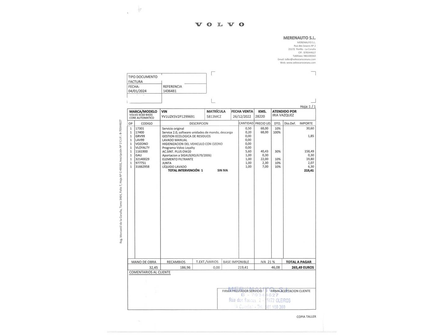 Foto del mantenimiento del Volvo XC60 Volvo XC60 B4 D Core Auto (197 CV)