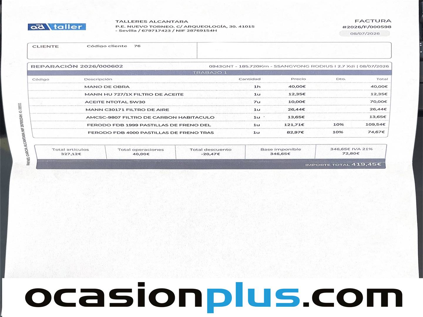 Foto del mantenimiento del SsangYong Rodius SsangYong Rodius 270 Xdi Limited (165 CV) 7 plazas