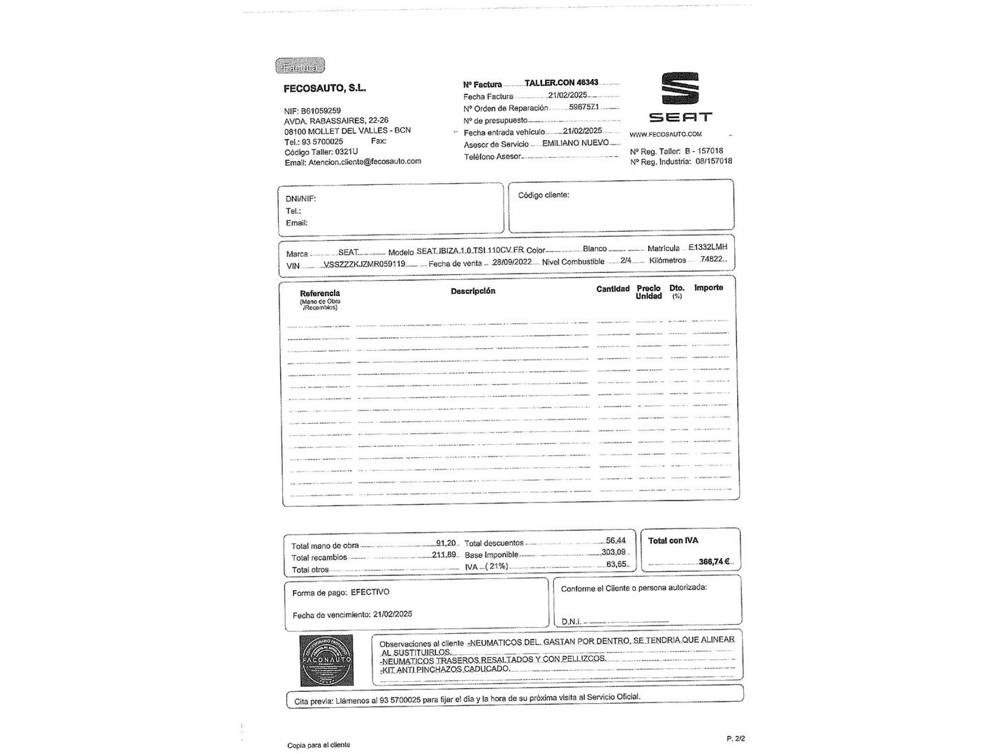 Foto del mantenimiento del Seat Ibiza Seat Ibiza 1.0 TSI FR (110 CV)