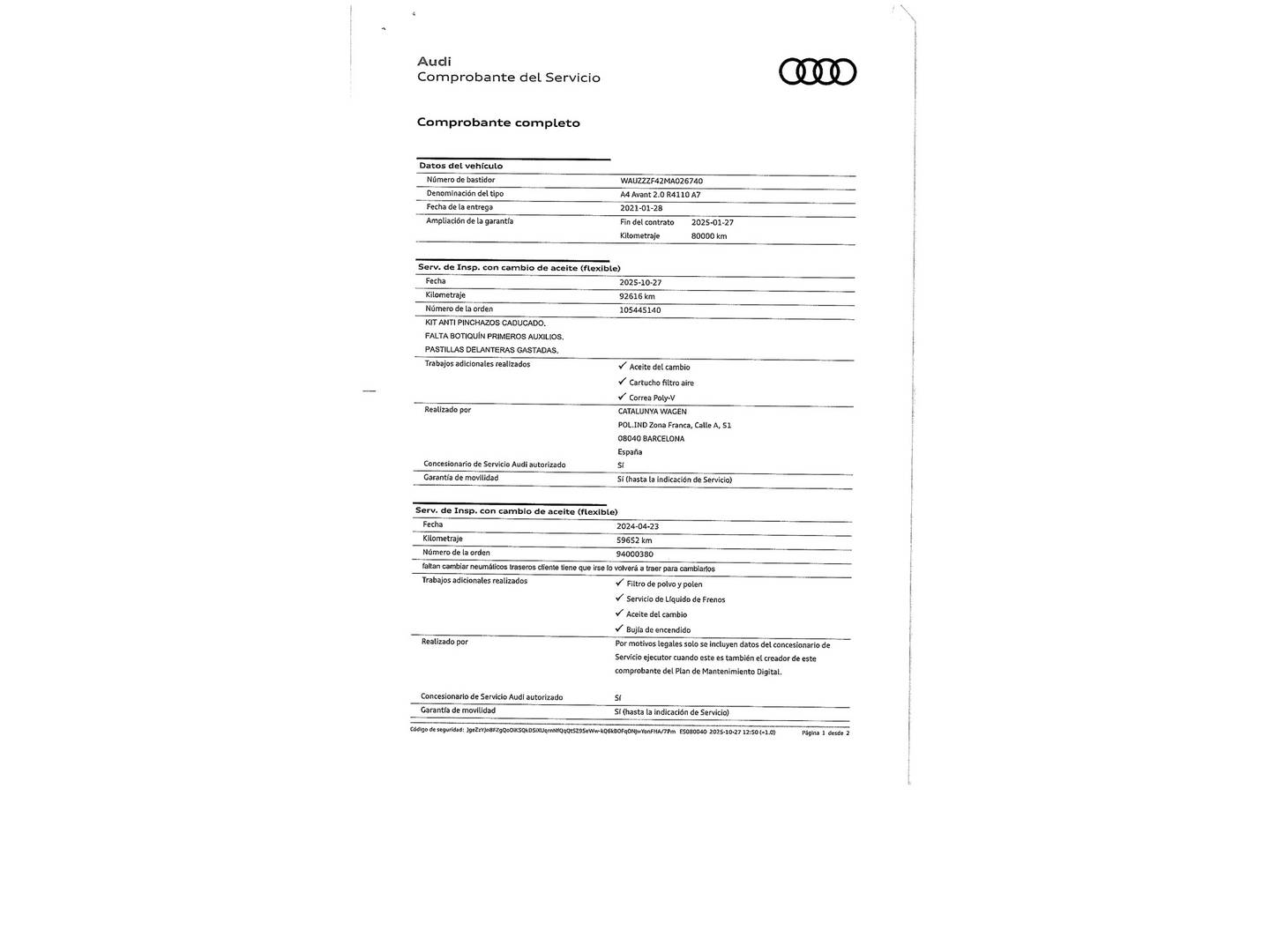 Foto del mantenimiento del Audi A4 Audi A4 Avant S line 35 TFSI  (150 CV) S tronic