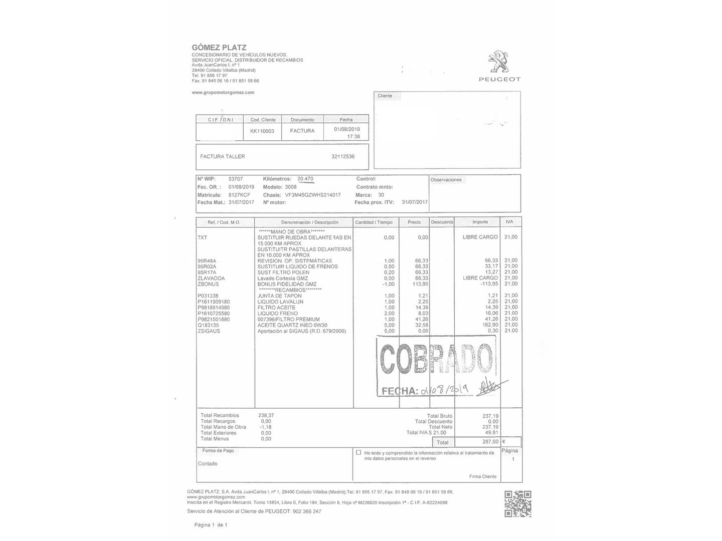 Foto del mantenimiento del Peugeot 3008 Peugeot 3008 THP 165 GT Line S&S Auto (165 CV)