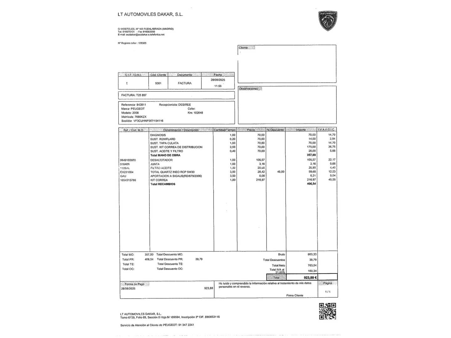 Foto del mantenimiento del Peugeot 2008 Peugeot 2008 PureTech 110 S&S Allure (110 CV)