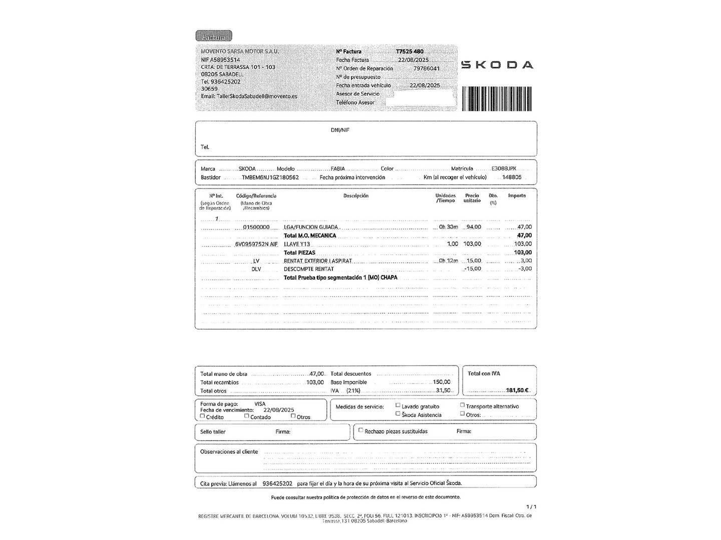 Foto del mantenimiento del Skoda Fabia Skoda Fabia 1.2 TSI Ambition (90 CV)