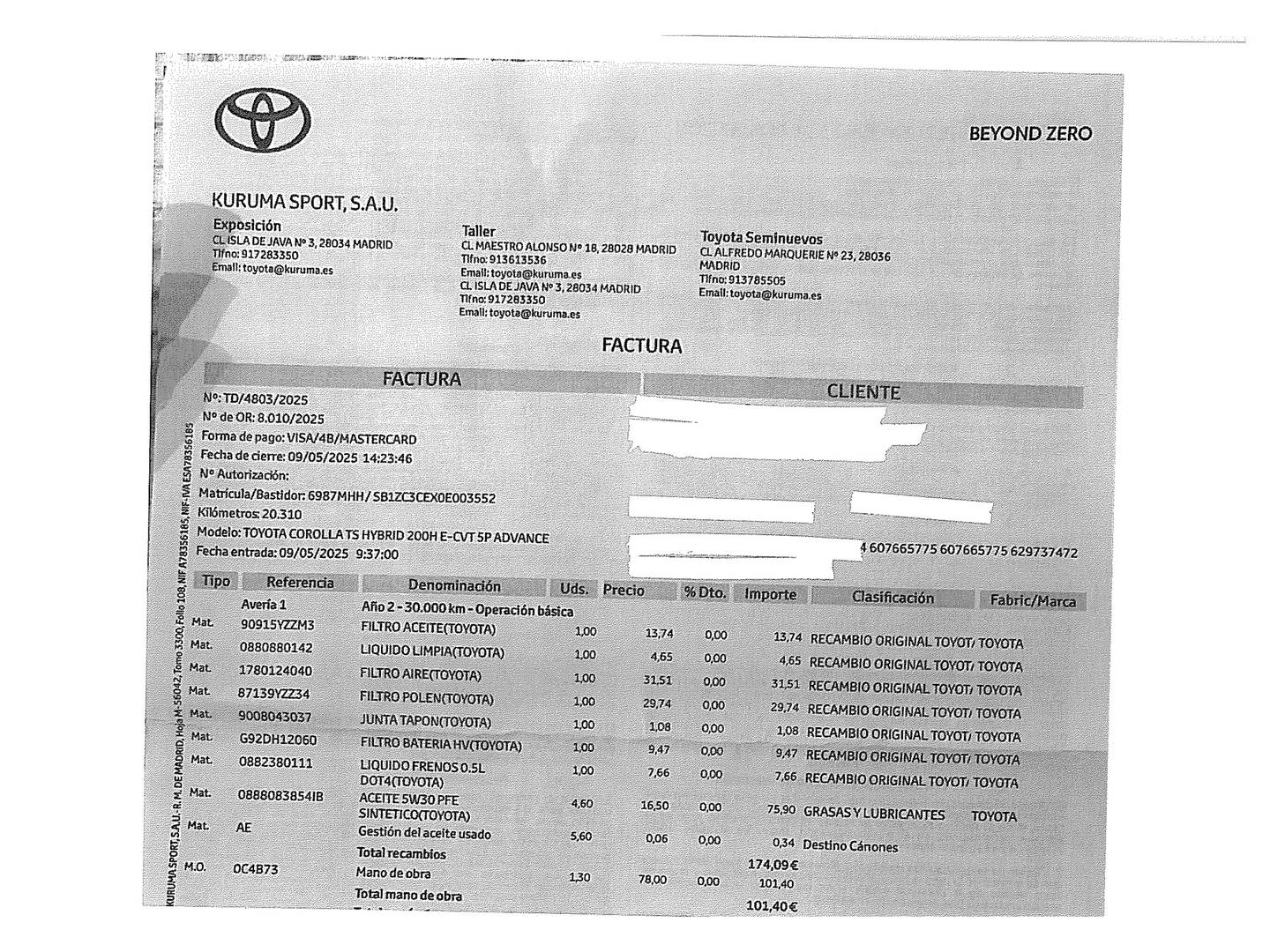 Foto del mantenimiento del Toyota Corolla Toyota Corolla 200H Touring Sport Style Edition (196 CV)