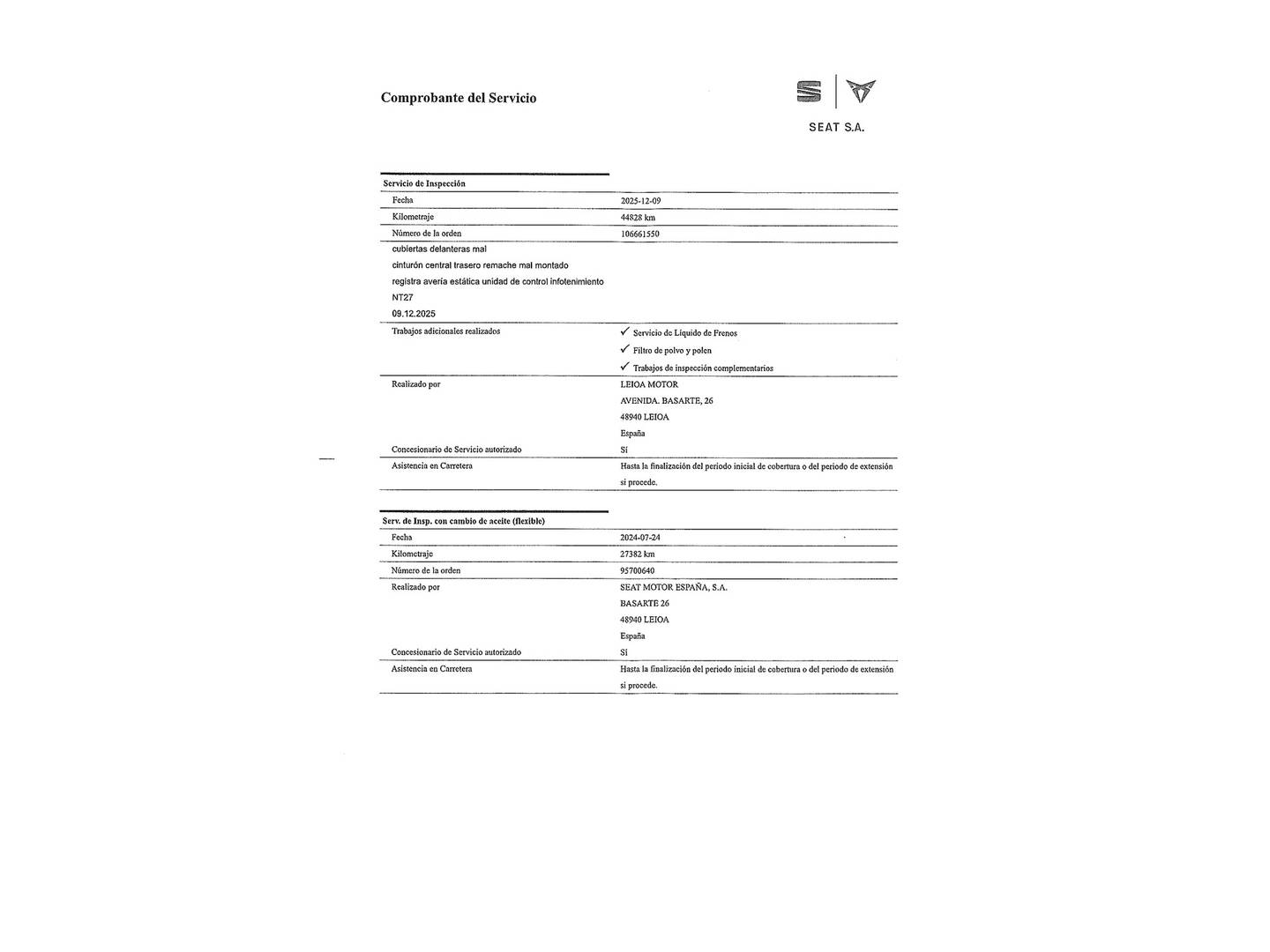 Foto del mantenimiento del Seat Arona Seat Arona 1.0 TSI S&S Xperience XM Edition (110 CV)