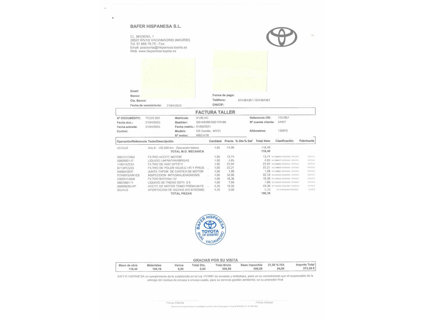 Foto del mantenimiento del Toyota Corolla Toyota Corolla 1.8 125 Híbrido Active Tech E-CVT 90 kW (122 CV)