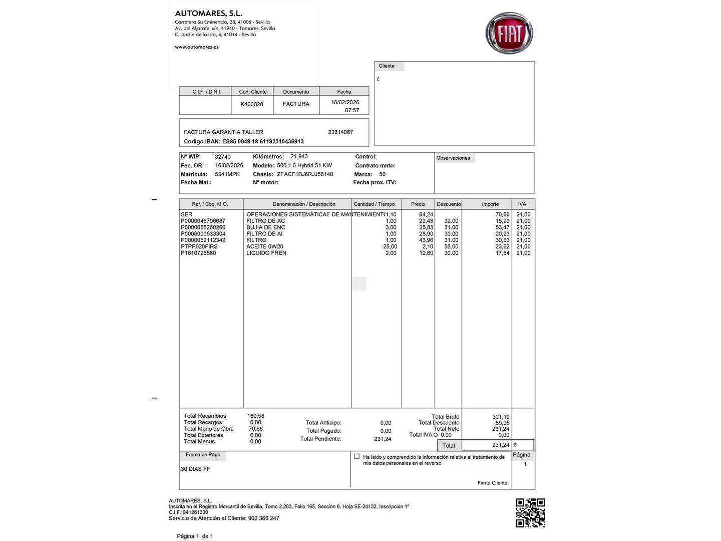 Foto del mantenimiento del Fiat 500 Fiat 500 1.0 Hybrid Monotrim (70 CV)