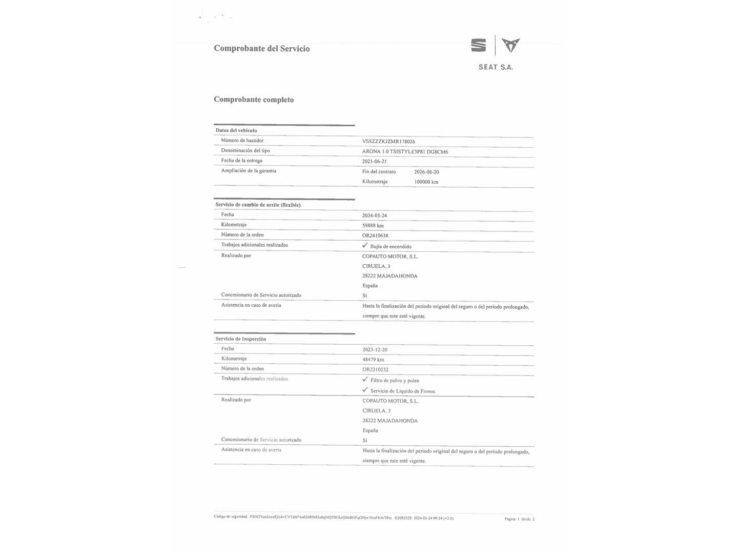 Foto del mantenimiento del Seat Arona Seat Arona 1.0 TSI Style Go2 (110 CV)