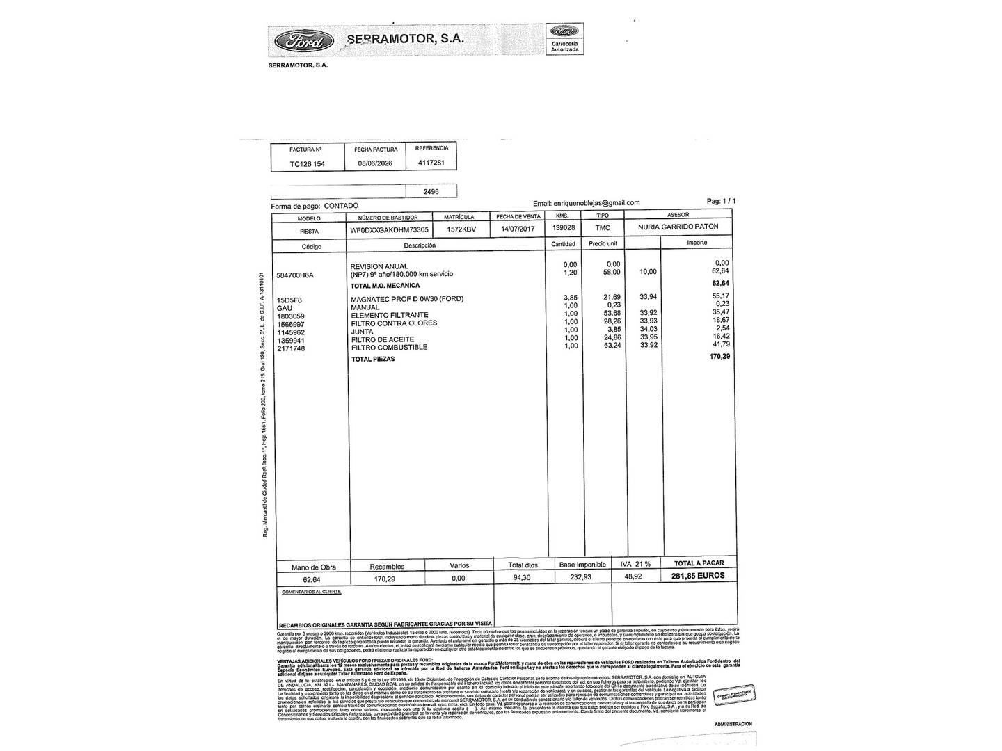 Foto del mantenimiento del Ford Fiesta Ford Fiesta 1.5 TDCI Trend (75 CV)