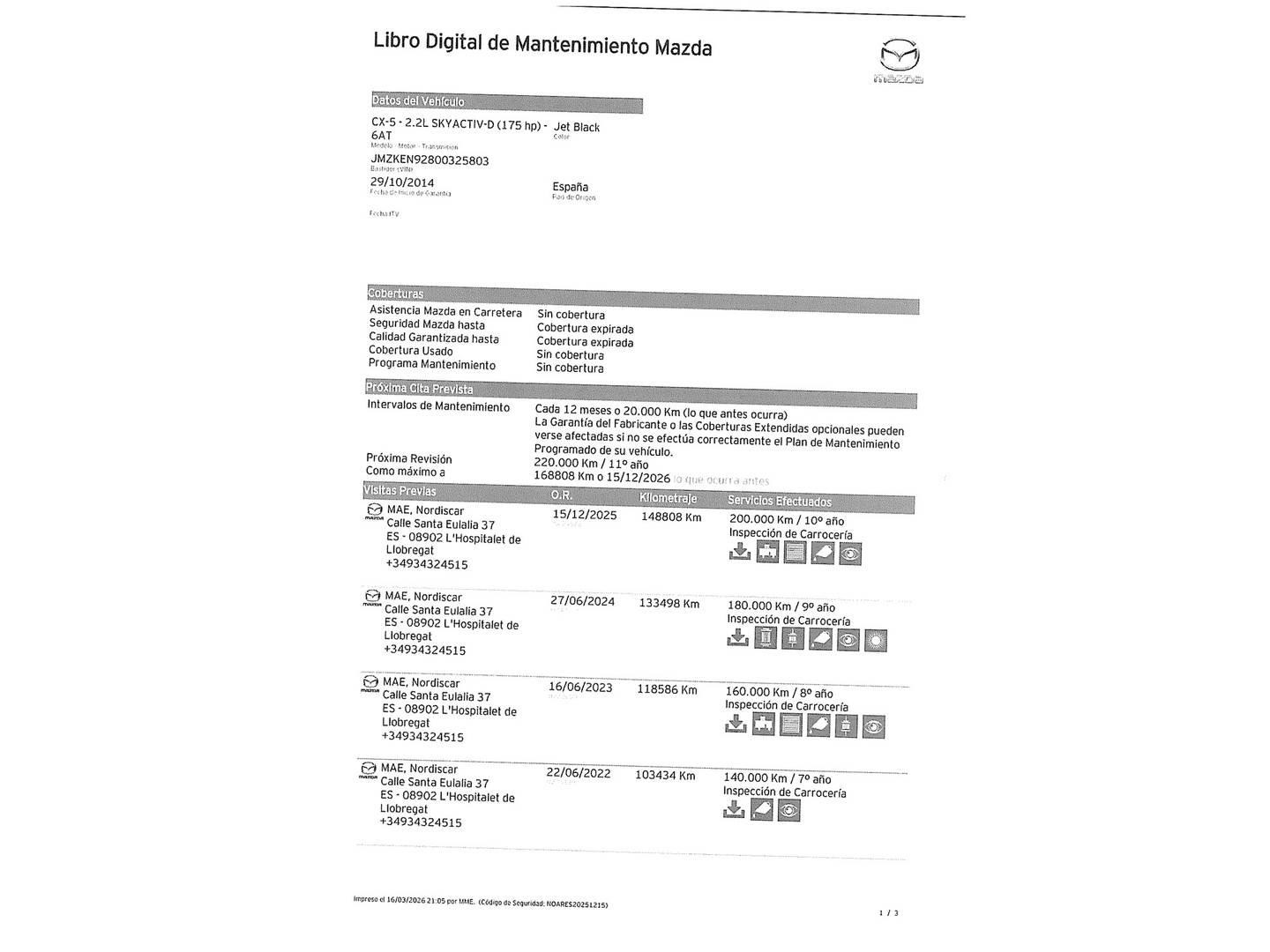 Foto del mantenimiento del Mazda CX-5 Mazda CX-5 2.2 DE Luxury 4WD AT (175 CV)