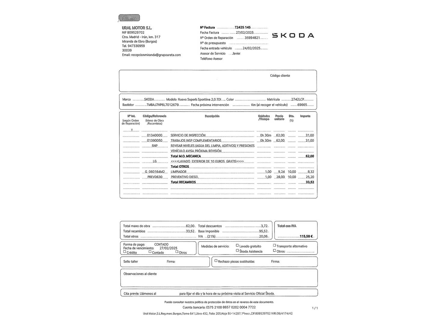 Foto del mantenimiento del Skoda Superb Skoda Superb 2.0 TDI Sportline DSG (190 CV)