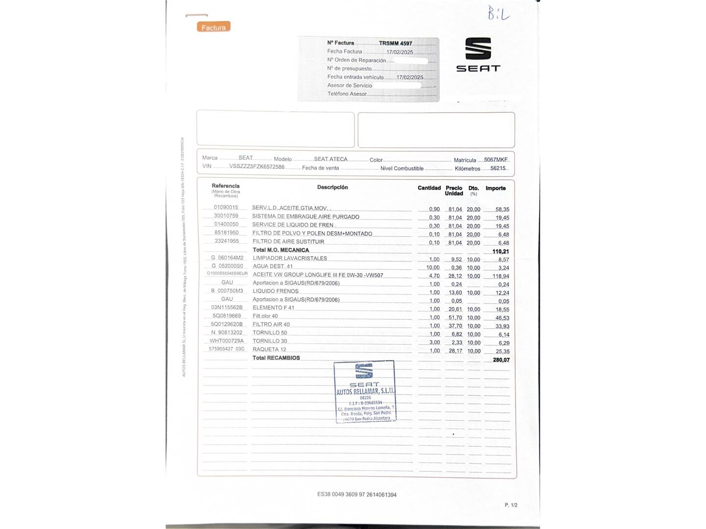 Foto del mantenimiento del Seat Ateca Seat Ateca 1.6 TDI S&S Ecomotive Style (115 CV)