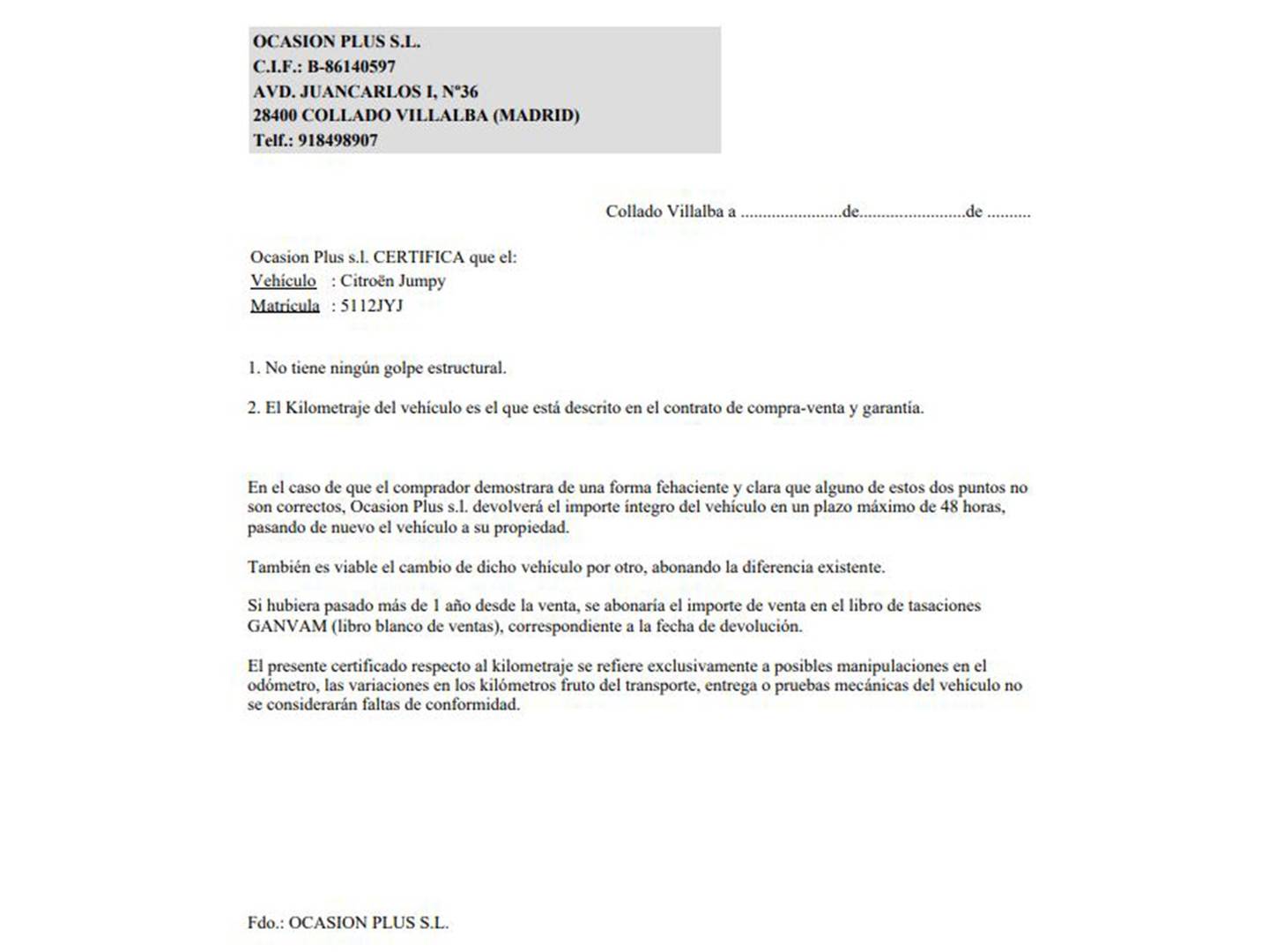 Foto del certificado del Citroën Jumpy Citroën Jumpy Combi BlueHDi 115 Confort Talla M (115 CV) Semi-camper