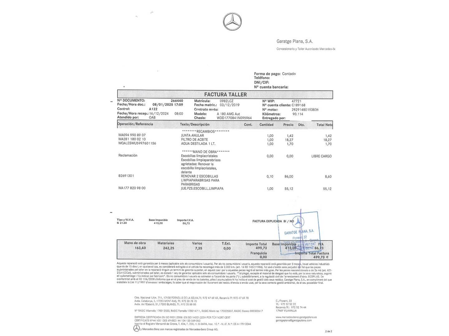 Foto del mantenimiento del Mercedes Clase A Mercedes-Benz Clase A 180 (136 CV)Pack AMG