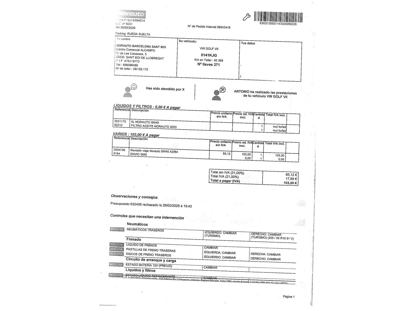 Foto del mantenimiento del Volkswagen Golf Volkswagen Golf Advance 1.4 TSI (125 CV)