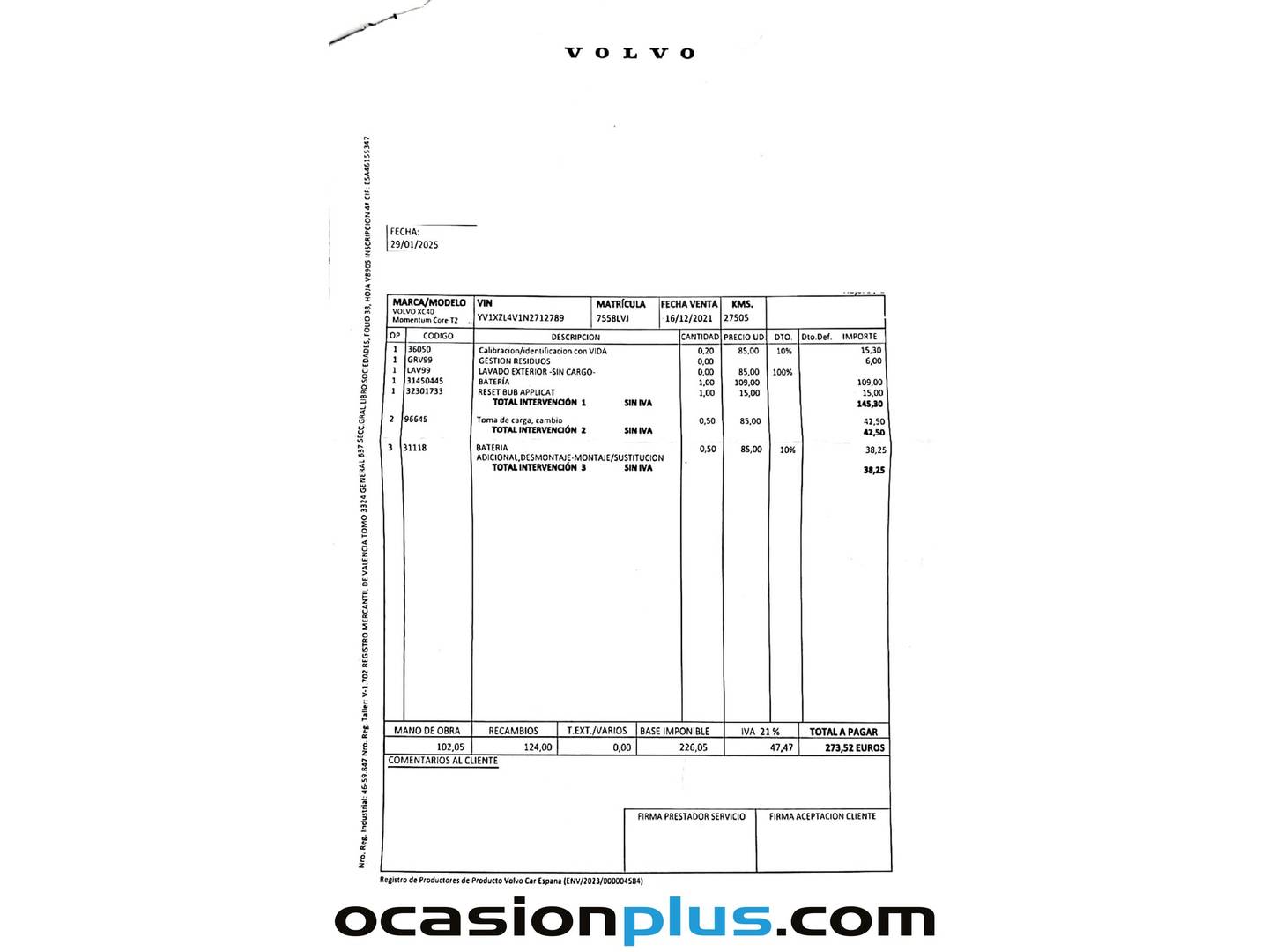 Foto del mantenimiento del Volvo XC40 Volvo XC40 T2 Momentum Core(129 CV)m Core (129 CV)