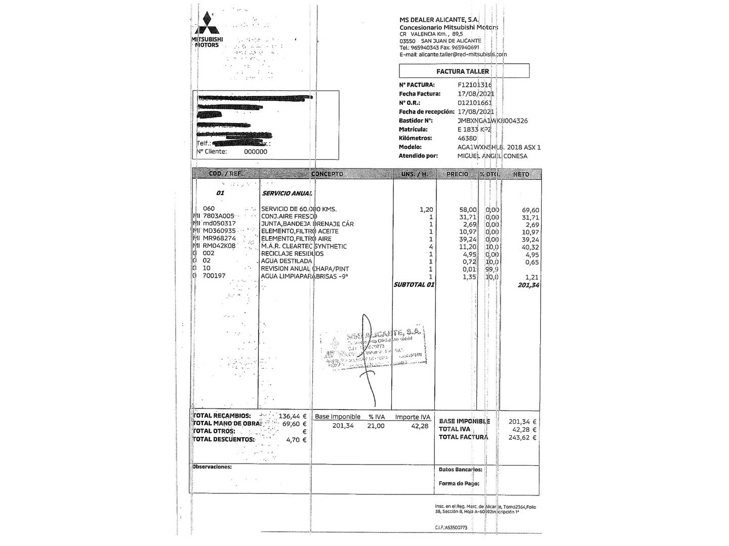 Foto del mantenimiento del Mitsubishi ASX Mitsubishi ASX 160 MPI Motion (117 CV)