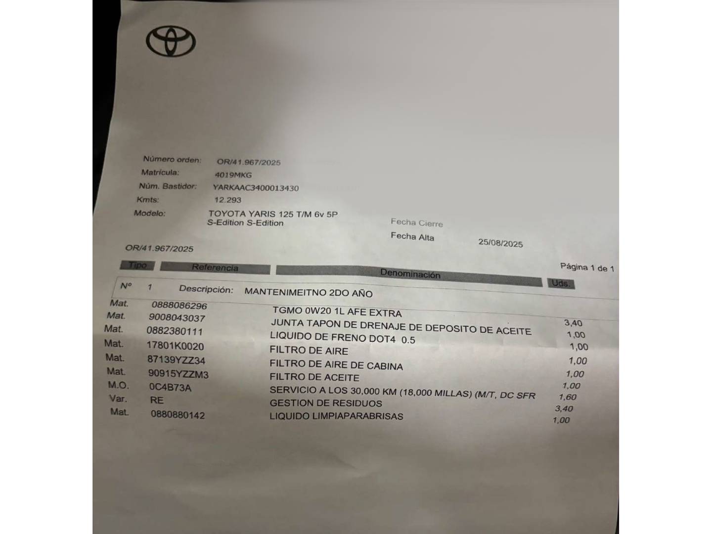 Foto del mantenimiento del Toyota Yaris Toyota Yaris 1.5 S-Edition (125 CV)