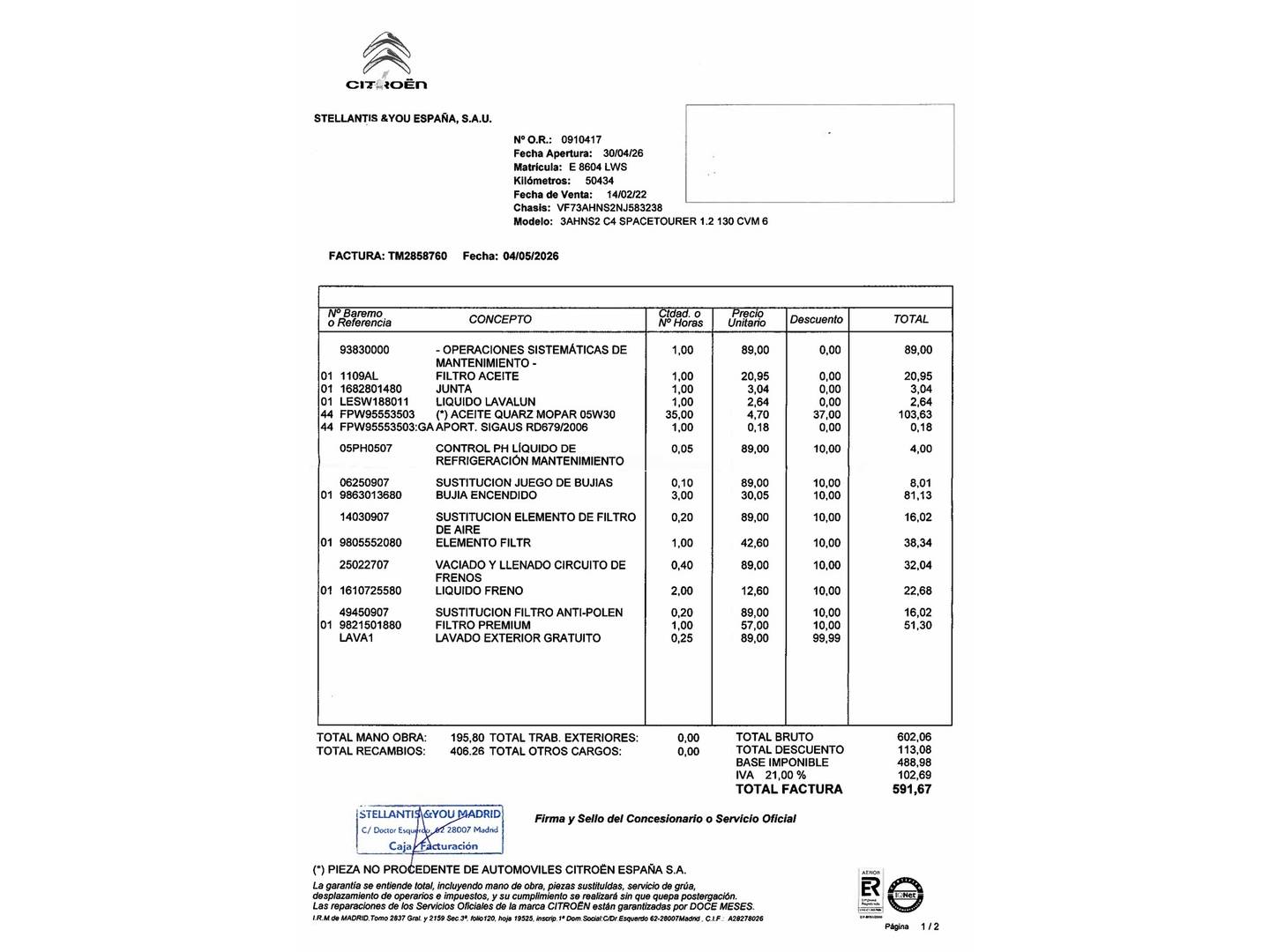 Foto del mantenimiento del Citroën Grand C4 Spacetourer Citroën Grand C4 Spacetourer PureTech 130 S&S Feel (130 CV) 7 Plazas