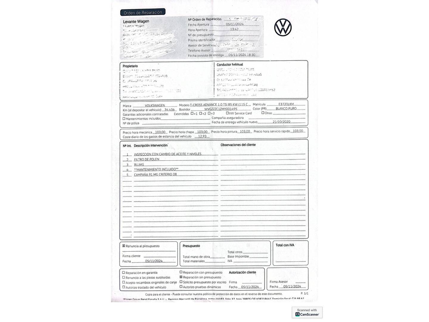 Foto del mantenimiento del Volkswagen T-Cross Volkswagen T-Cross Advance 1.0 TSI (115 CV)