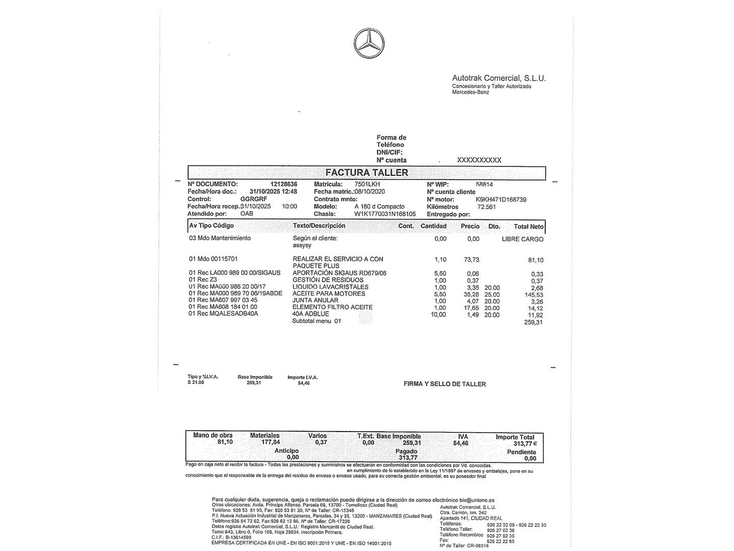 Foto del mantenimiento del Mercedes Clase A Mercedes Clase A 180 d (116 CV) Pack AMG