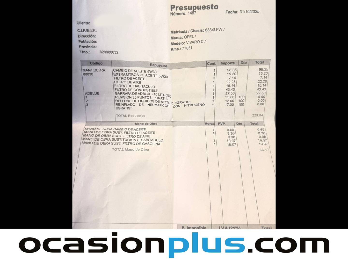 Foto del mantenimiento del Opel Zafira Life Opel Zafira Life 2.0 Diesel M Innovation (150 CV) 8 Plazas