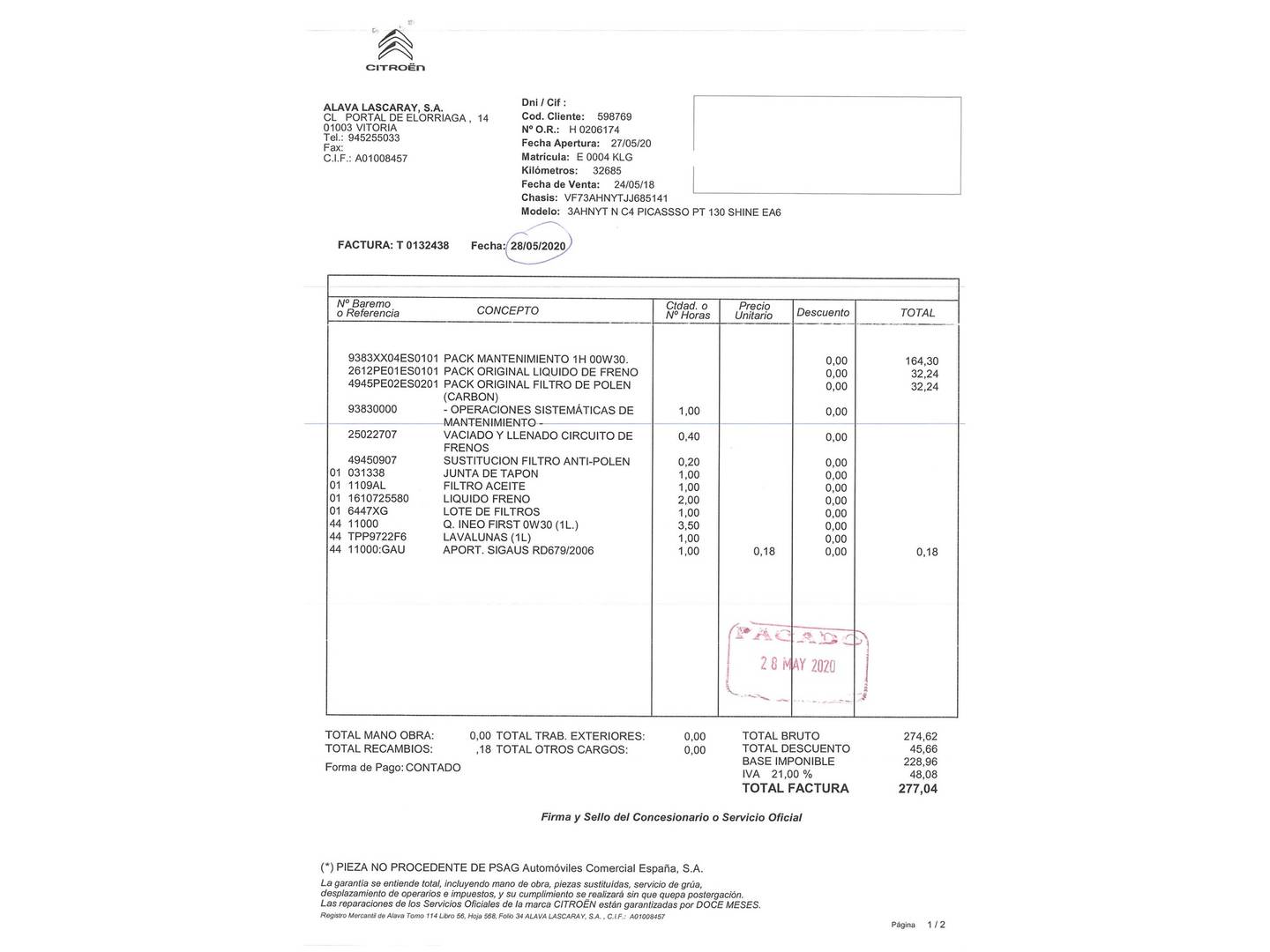 Foto del mantenimiento del Citroën Grand C4 Spacetourer Citroën Grand C4 Spacetourer PureTech 130 S&S Feel EAT6 (130 CV) 7 Plazas