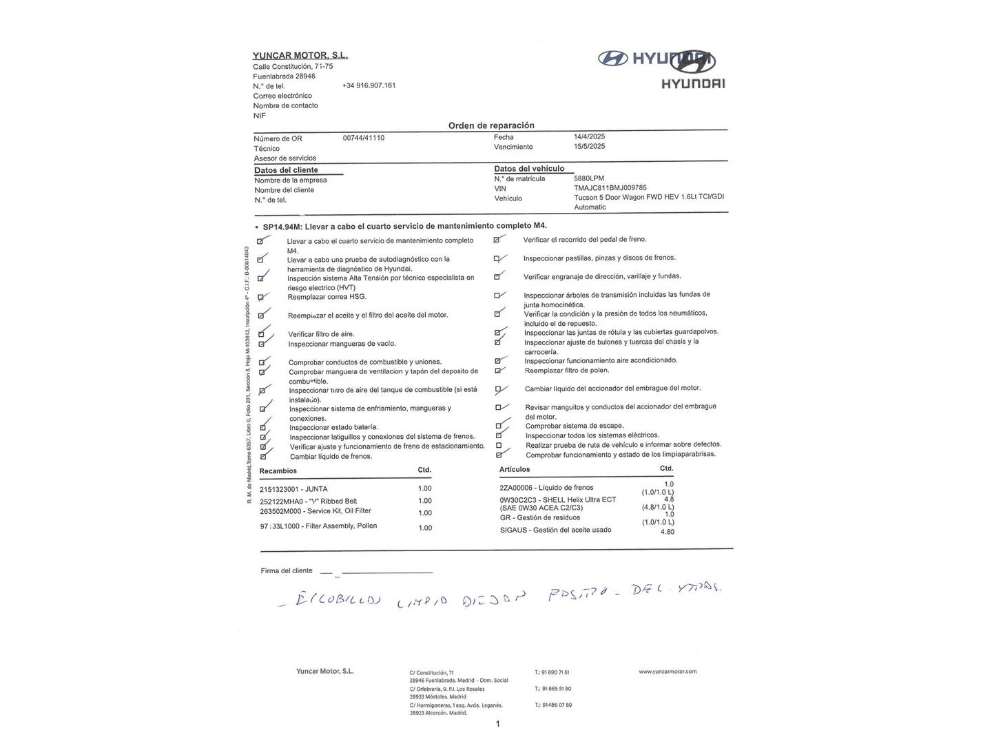 Foto del mantenimiento del Hyundai Tucson Hyundai Tucson 1.6 TGDI HEV Maxx Auto (230 CV)
