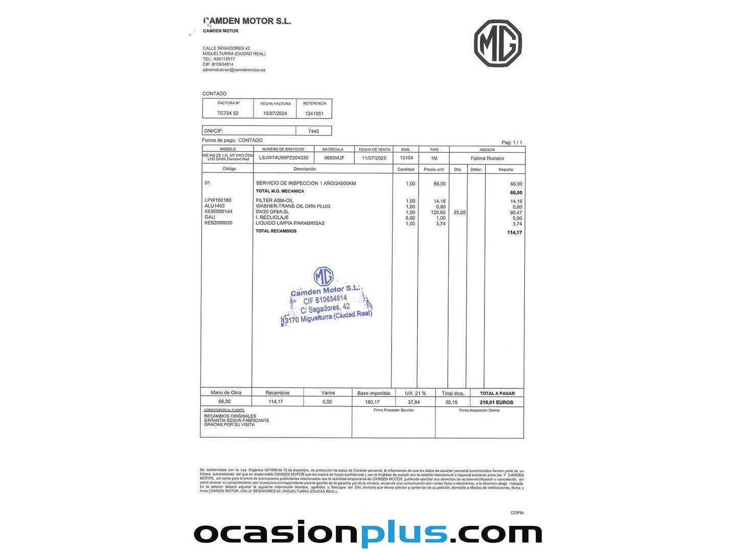 Foto del mantenimiento del MG ZS MG ZS 1.5 Comfort (106 CV)