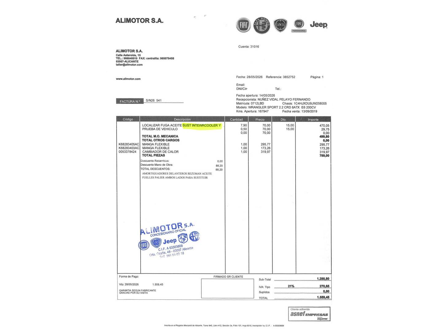 Foto del mantenimiento del Jeep Wrangler Jeep Wrangler 2.2 CRD Sport 8ATX (200 CV)