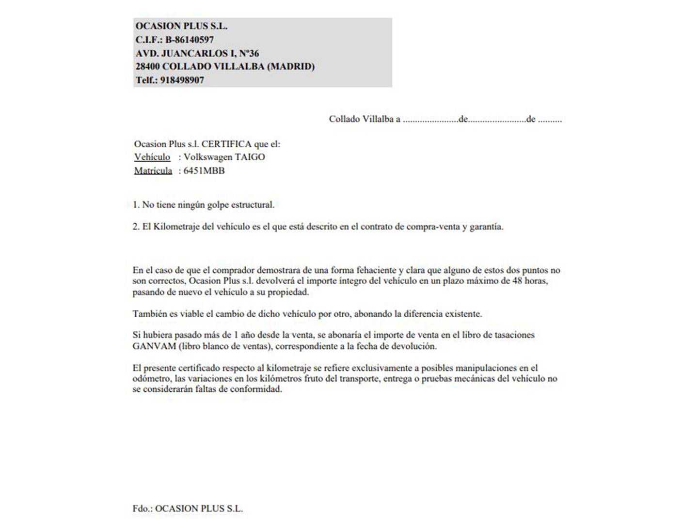 Foto del certificado del Volkswagen Taigo Volkswagen Taigo R-Line 1.5 TSI (150 CV) DSG